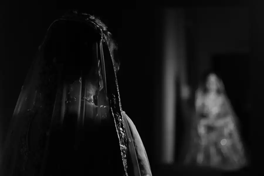 Bride veiled from behind, a second bride in soft focus in the background